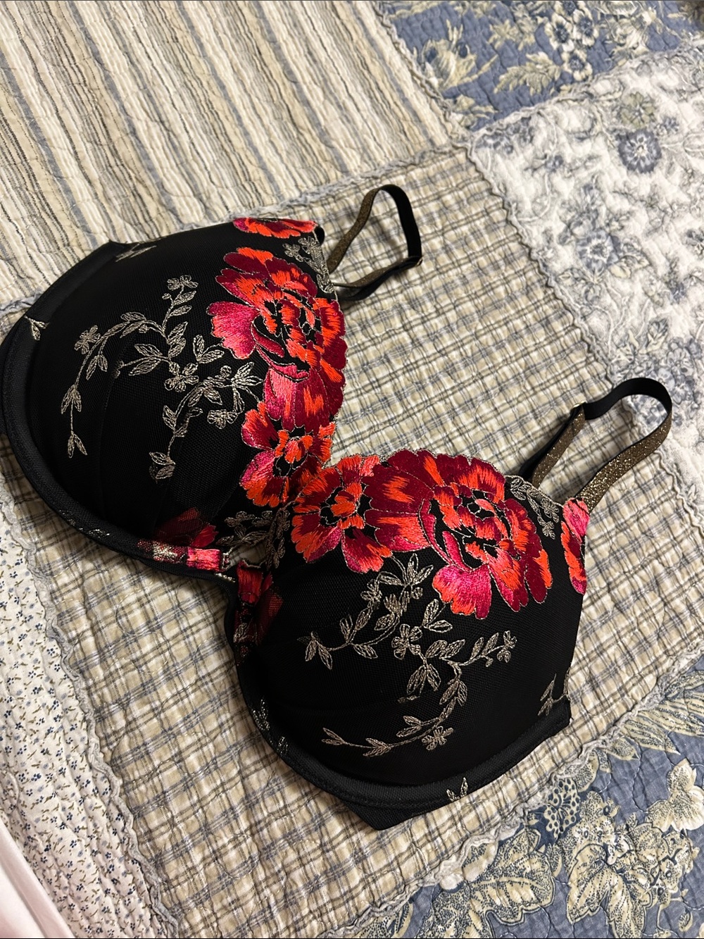 Victoria's Secret Black Bra with Red & Pink Floral Embroidery